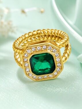 Emerald Green Statement Ring | 18K Gold Plated with Pavé Accents